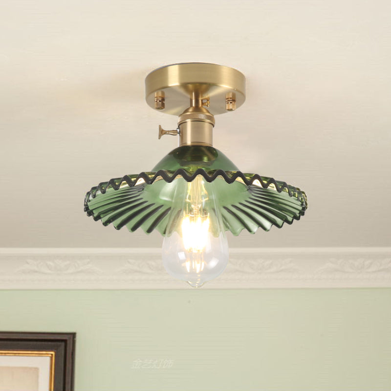 One Light Ceiling Lighting Industrial Scalloped Ribbed Glass Semi Flush Mount Light in Clear/Green Green Clearhalo 'Ceiling Lights' 'Close To Ceiling Lights' 'Close to ceiling' 'Glass shade' 'Glass' 'Island Lights' 'Semi-flushmount' Lighting' 1797373