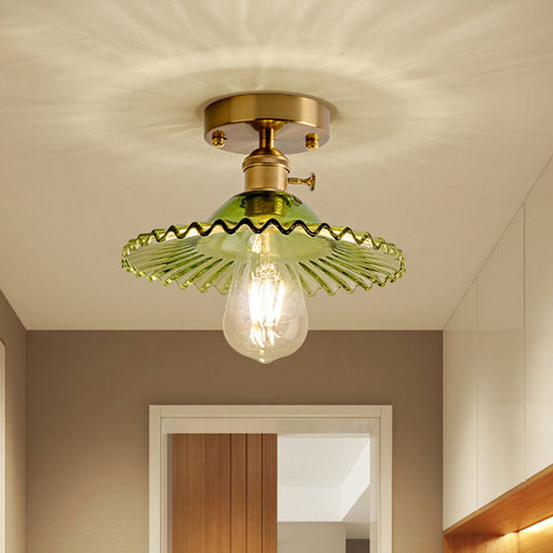 One Light Ceiling Lighting Industrial Scalloped Ribbed Glass Semi Flush Mount Light in Clear/Green Clearhalo 'Ceiling Lights' 'Close To Ceiling Lights' 'Close to ceiling' 'Glass shade' 'Glass' 'Island Lights' 'Semi-flushmount' Lighting' 1797374