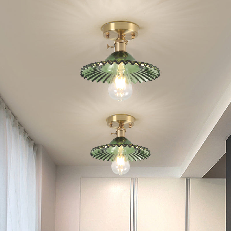 One Light Ceiling Lighting Industrial Scalloped Ribbed Glass Semi Flush Mount Light in Clear/Green Clearhalo 'Ceiling Lights' 'Close To Ceiling Lights' 'Close to ceiling' 'Glass shade' 'Glass' 'Island Lights' 'Semi-flushmount' Lighting' 1797375