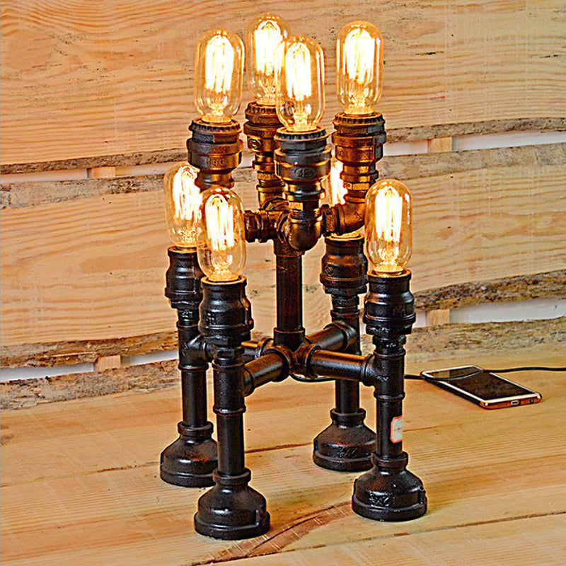 Steampunk Open Bulb Table Lamp Multi Light Metallic Table Lighting in Black for Restaurant, 8.5"/14" Width Clearhalo 'Lamps' 'Table Lamps' Lighting' 1797399