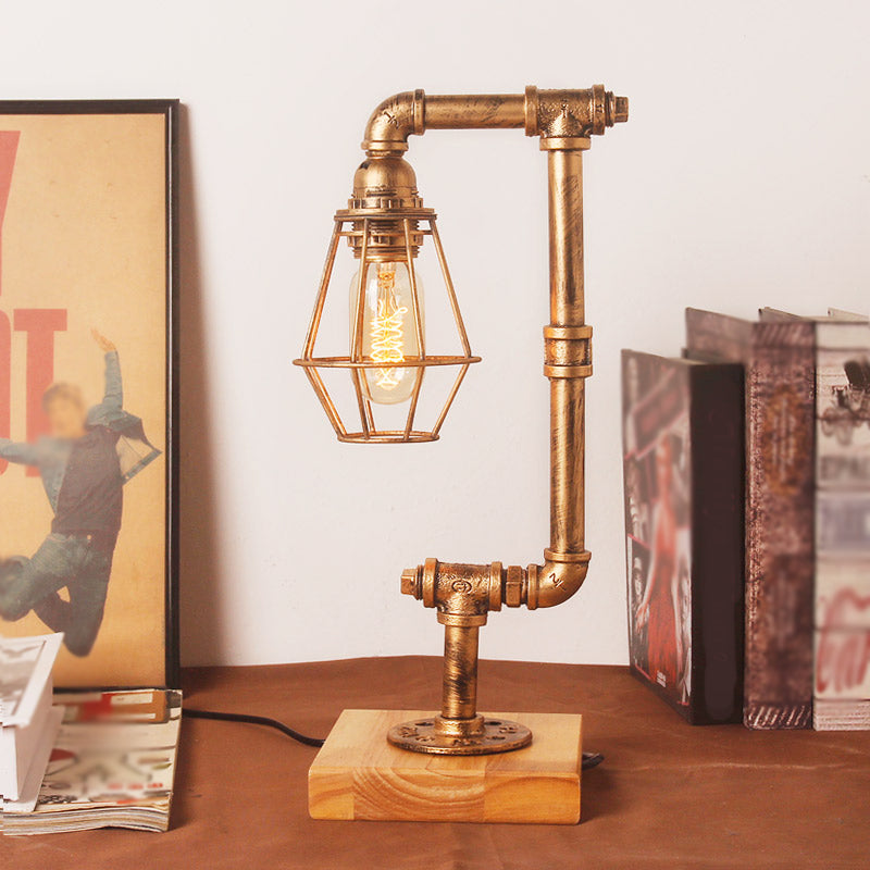 Industrial Piped Table Lamp 1 Head Metal Table Lighting with Wooden Base and Wire Guard in Bronze for Living Room Bronze Clearhalo 'Lamps' 'Table Lamps' Lighting' 1797407