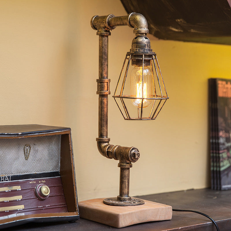 Industrial Piped Table Lamp 1 Head Metal Table Lighting with Wooden Base and Wire Guard in Bronze for Living Room Clearhalo 'Lamps' 'Table Lamps' Lighting' 1797408