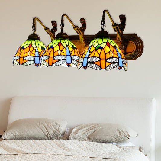 Dragonfly Wall Mount Light 3 Heads Orange Glass Baroque Sconce Lighting for Bedroom Orange Clearhalo 'Industrial' 'Middle century wall lights' 'Tiffany wall lights' 'Tiffany' 'Wall Lamps & Sconces' 'Wall Lights' Lighting' 179741