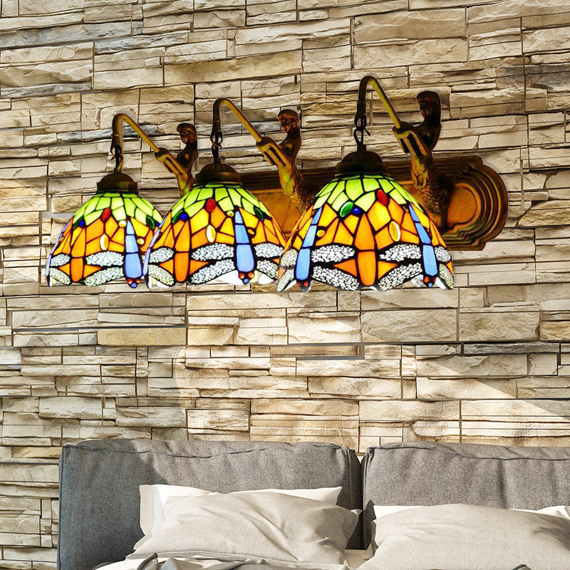 Dragonfly Wall Mount Light 3 Heads Orange Glass Baroque Sconce Lighting for Bedroom Clearhalo 'Industrial' 'Middle century wall lights' 'Tiffany wall lights' 'Tiffany' 'Wall Lamps & Sconces' 'Wall Lights' Lighting' 179742