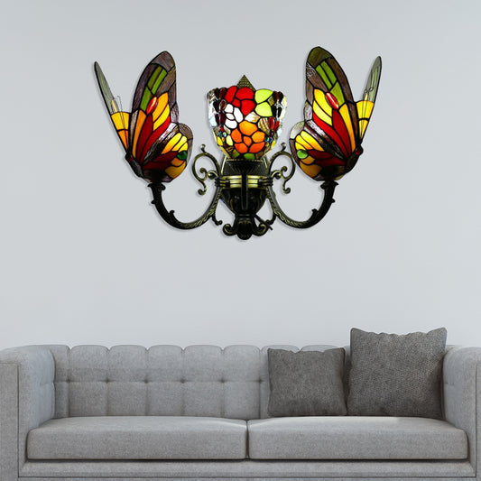 3 Heads Butterfly Wall Sconce Loft Lodge Stained Glass Wall Mount Lighting for Living Room Yellow Clearhalo 'Industrial' 'Middle century wall lights' 'Tiffany wall lights' 'Tiffany' 'Wall Lamps & Sconces' 'Wall Lights' Lighting' 179768