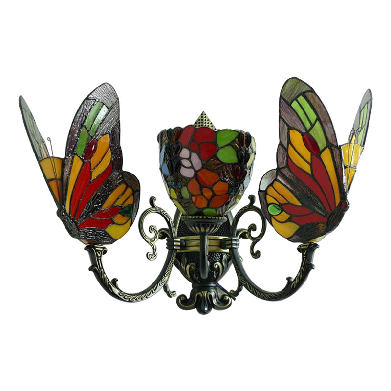 3 Heads Butterfly Wall Sconce Loft Lodge Stained Glass Wall Mount Lighting for Living Room Clearhalo 'Industrial' 'Middle century wall lights' 'Tiffany wall lights' 'Tiffany' 'Wall Lamps & Sconces' 'Wall Lights' Lighting' 179771