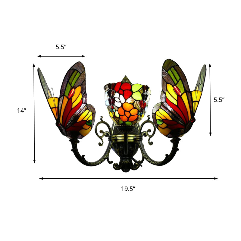 3 Heads Butterfly Wall Sconce Loft Lodge Stained Glass Wall Mount Lighting for Living Room Clearhalo 'Industrial' 'Middle century wall lights' 'Tiffany wall lights' 'Tiffany' 'Wall Lamps & Sconces' 'Wall Lights' Lighting' 179772