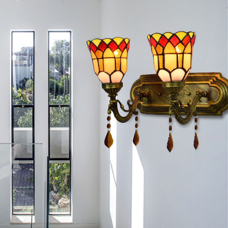 Foyer Stair Bell Wall Sconce with Agate Stained Glass 2 Heads Tiffany Traditional Wall Light 110V-120V Marrón Clearhalo 'Apliques' 'Iluminación' 'Industrial' 'Lámpara de Pared' 'Middle century wall lights' 'Tiffany wall lights' 'Tiffany' 'Wall Lamps & Sconces' 'Wall Lights' Hogar' Lighting' 179773
