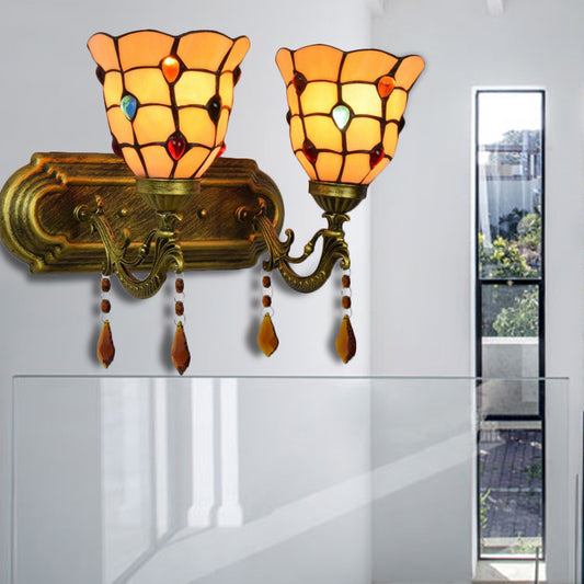 Tiffany Classic Bell Wall Light with Agate 2 Heads Tiffany Wall Lamp in Beige for Stairway Beige Clearhalo 'Industrial' 'Middle century wall lights' 'Tiffany wall lights' 'Tiffany' 'Wall Lamps & Sconces' 'Wall Lights' Lighting' 179791