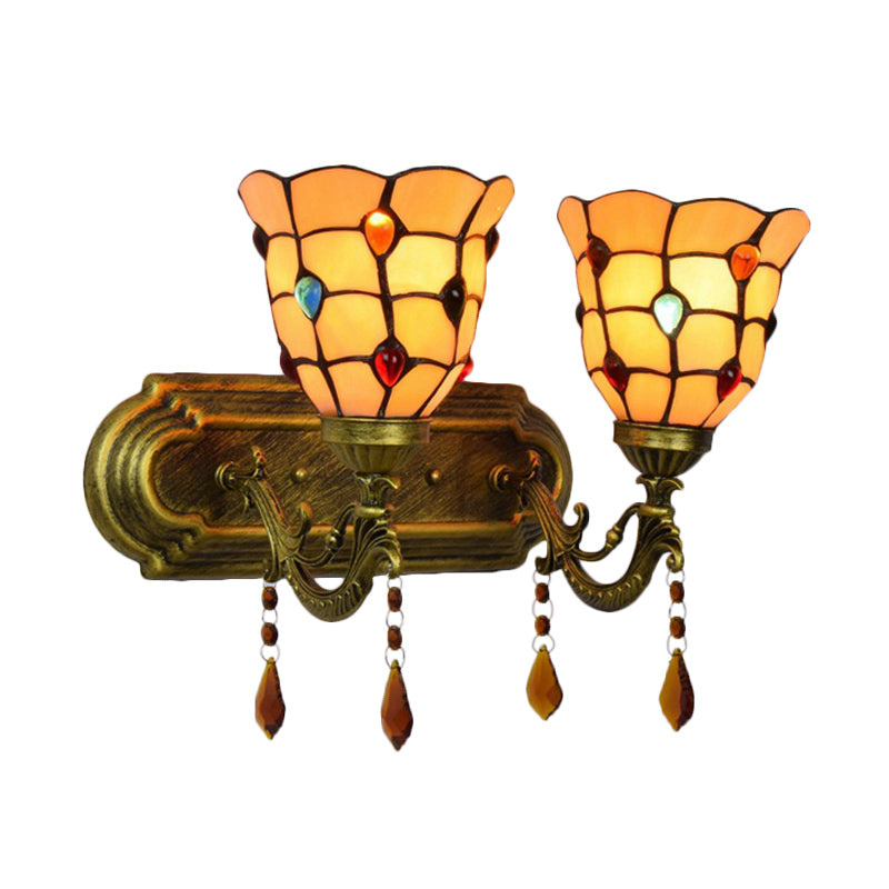 Tiffany Classic Bell Wall Light with Agate 2 Heads Tiffany Wall Lamp in Beige for Stairway Clearhalo 'Industrial' 'Middle century wall lights' 'Tiffany wall lights' 'Tiffany' 'Wall Lamps & Sconces' 'Wall Lights' Lighting' 179793