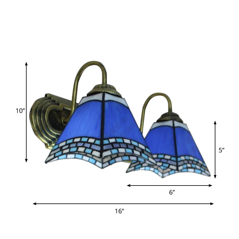 Blue Glass Pyramid Wall Mounted Light Mediterranean 2 Heads Bronze Sconce Lighting Clearhalo 'Industrial' 'Middle century wall lights' 'Tiffany wall lights' 'Tiffany' 'Wall Lamps & Sconces' 'Wall Lights' Lighting' 179811