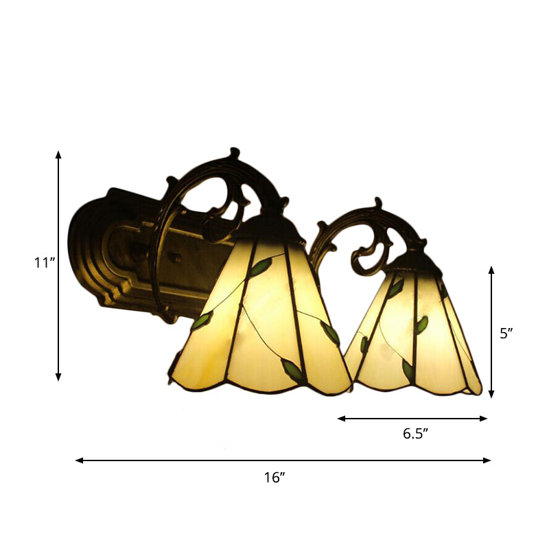 Beige Conical Wall Light with Leaf 2 Heads Tiffany Rustic Glass Wall Lamp for Study Room Clearhalo 'Industrial' 'Middle century wall lights' 'Tiffany wall lights' 'Tiffany' 'Wall Lamps & Sconces' 'Wall Lights' Lighting' 179820