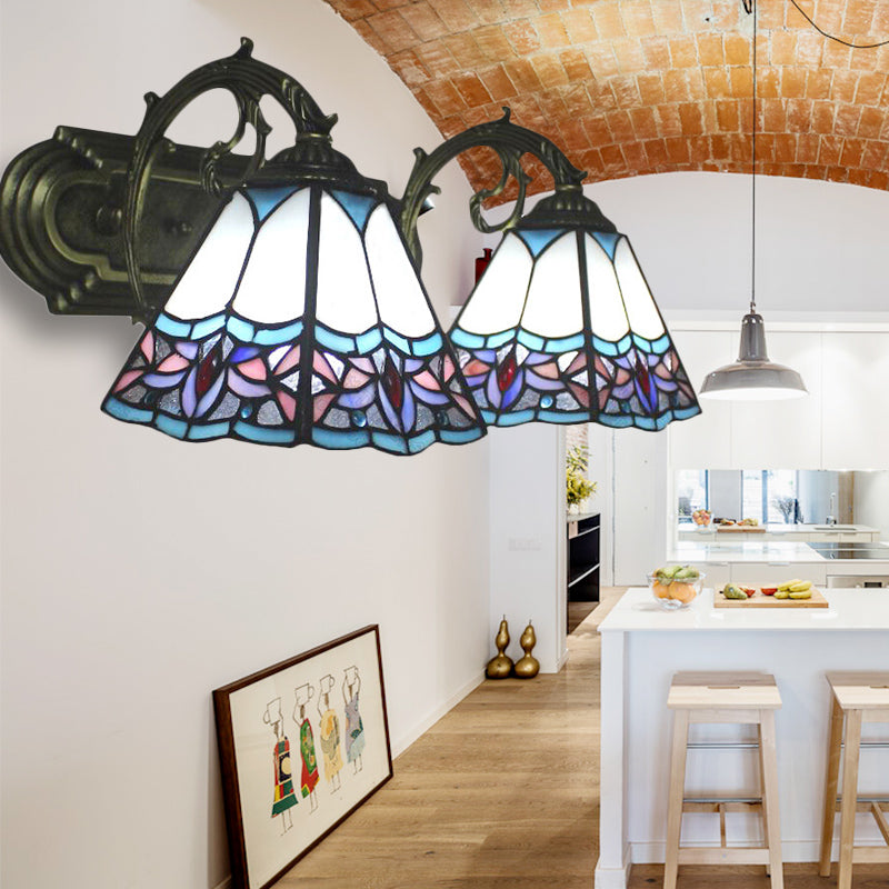 2 Bulbs Pyramid Wall Light Tiffany Classic Stained Glass Wall Sconce in Blue with Curved Arm for Corridor Blue Clearhalo 'Industrial' 'Middle century wall lights' 'Tiffany wall lights' 'Tiffany' 'Wall Lamps & Sconces' 'Wall Lights' Lighting' 179821