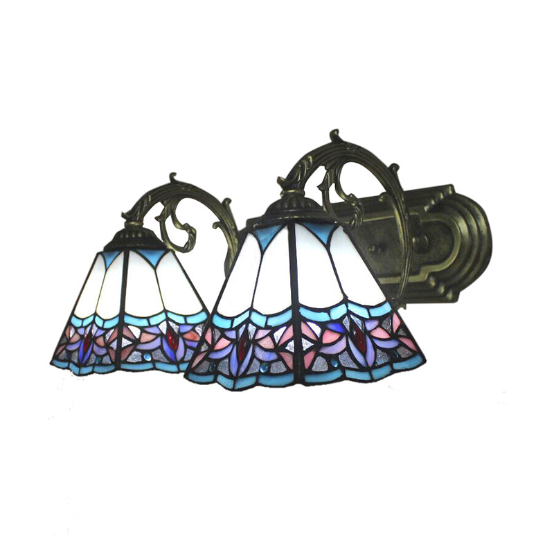 2 Bulbs Pyramid Wall Light Tiffany Classic Stained Glass Wall Sconce in Blue with Curved Arm for Corridor Clearhalo 'Industrial' 'Middle century wall lights' 'Tiffany wall lights' 'Tiffany' 'Wall Lamps & Sconces' 'Wall Lights' Lighting' 179823