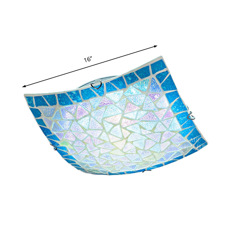 Blue Square Flush Mount Lighting 16"/12" Width Mediterranean Stained Glass Indoor Flush Ceiling Light Clearhalo 'Ceiling Lights' 'Close To Ceiling Lights' 'Close to ceiling' 'Glass shade' 'Glass' 'Semi-flushmount' 'Tiffany close to ceiling' 'Tiffany' Lighting' 179828