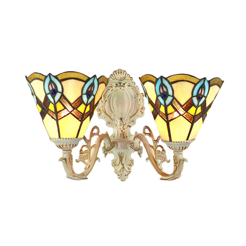 Cone Gallery Wall Light with Carved Arm Stained Glass 2 Heads Tiffany Victorian Wall Lamp in Beige Clearhalo 'Industrial' 'Middle century wall lights' 'Tiffany wall lights' 'Tiffany' 'Wall Lamps & Sconces' 'Wall Lights' Lighting' 179833