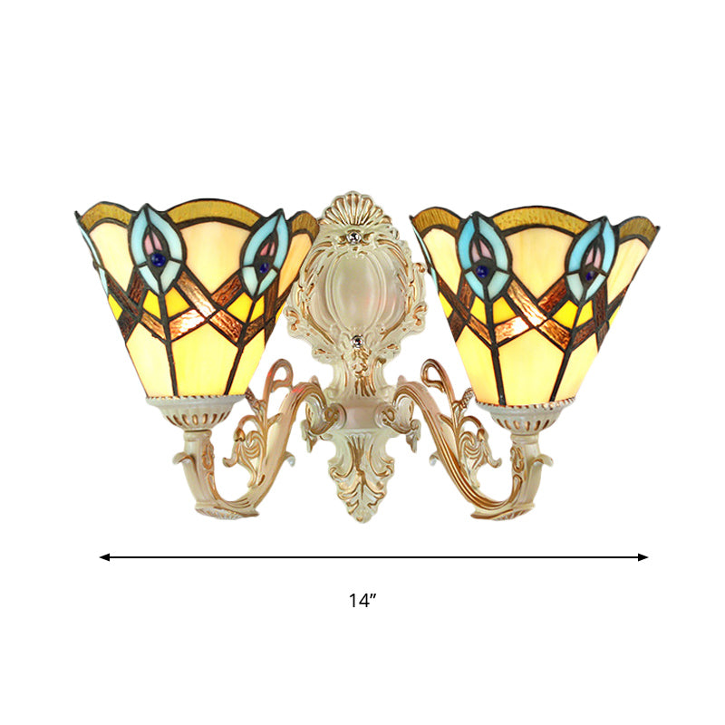 Cone Gallery Wall Light with Carved Arm Stained Glass 2 Heads Tiffany Victorian Wall Lamp in Beige Clearhalo 'Industrial' 'Middle century wall lights' 'Tiffany wall lights' 'Tiffany' 'Wall Lamps & Sconces' 'Wall Lights' Lighting' 179834