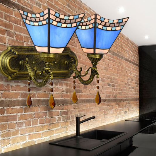 Blue Craftsman Sconce Light with Agate 2 Bulbs Mediterranean Stained Glass Wall Light for Foyer Blue Clearhalo 'Industrial' 'Middle century wall lights' 'Tiffany wall lights' 'Tiffany' 'Wall Lamps & Sconces' 'Wall Lights' Lighting' 179835