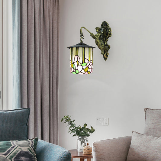 Cylinder Sconce Lighting Tiffany Beige Glass 1 Head Hallway Wall Mounted Light with Flower Pattern Clearhalo 'Industrial' 'Middle century wall lights' 'Tiffany wall lights' 'Tiffany' 'Wall Lamps & Sconces' 'Wall Lights' Lighting' 179854