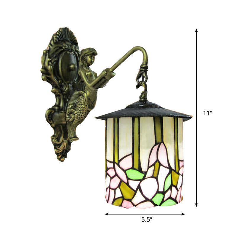 Cylinder Sconce Lighting Tiffany Beige Glass 1 Head Hallway Wall Mounted Light with Flower Pattern Clearhalo 'Industrial' 'Middle century wall lights' 'Tiffany wall lights' 'Tiffany' 'Wall Lamps & Sconces' 'Wall Lights' Lighting' 179856