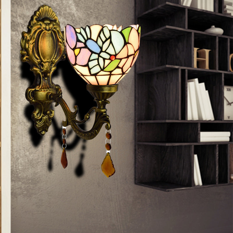 Bedroom Blossom Bird Wall Light Stained Glass 1 Head Wall Sconce with Agate Deco in Antique Brass Antique Brass Clearhalo 'Industrial' 'Middle century wall lights' 'Tiffany wall lights' 'Tiffany' 'Wall Lamps & Sconces' 'Wall Lights' Lighting' 179867