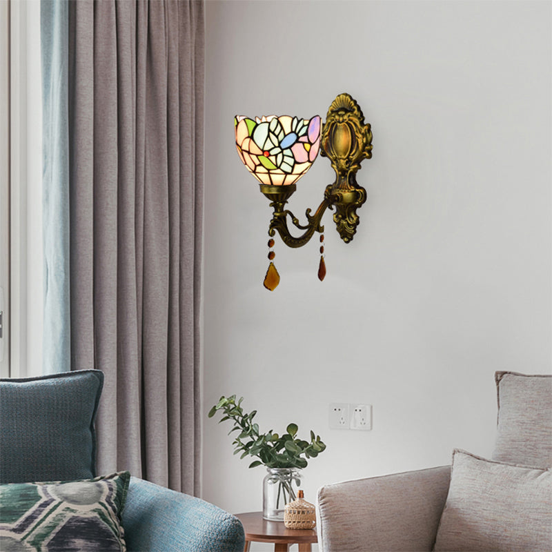 Bedroom Blossom Bird Wall Light Stained Glass 1 Head Wall Sconce with Agate Deco in Antique Brass Clearhalo 'Industrial' 'Middle century wall lights' 'Tiffany wall lights' 'Tiffany' 'Wall Lamps & Sconces' 'Wall Lights' Lighting' 179868