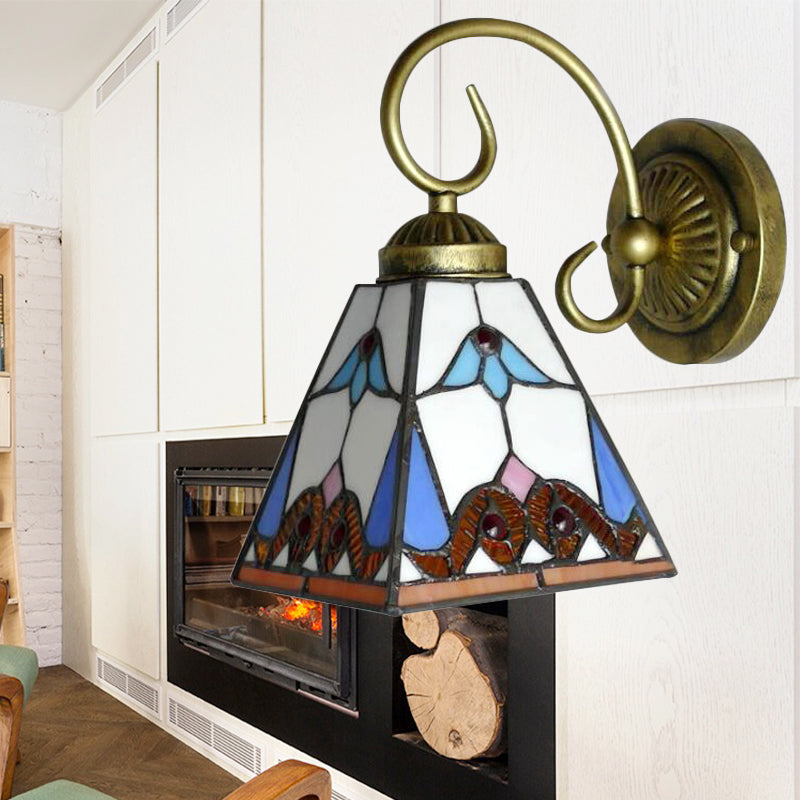 1 Head Pyramid Wall Light Fixture Tiffany Blue Stained Glass Sconce Light with Scrolling Arm Blue Clearhalo 'Industrial' 'Middle century wall lights' 'Tiffany wall lights' 'Tiffany' 'Wall Lamps & Sconces' 'Wall Lights' Lighting' 179876