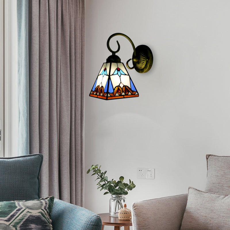 1 Head Pyramid Wall Light Fixture Tiffany Blue Stained Glass Sconce Light with Scrolling Arm Clearhalo 'Industrial' 'Middle century wall lights' 'Tiffany wall lights' 'Tiffany' 'Wall Lamps & Sconces' 'Wall Lights' Lighting' 179877