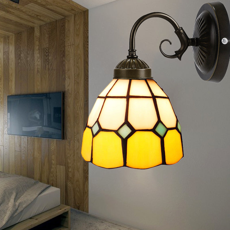 Art Glass Grid Dome Wall Light Gallery 1 Head Tiffany Classic Wall Sconce in Yellow for Bedroom Yellow Clearhalo 'Industrial' 'Middle century wall lights' 'Tiffany wall lights' 'Tiffany' 'Wall Lamps & Sconces' 'Wall Lights' Lighting' 179884