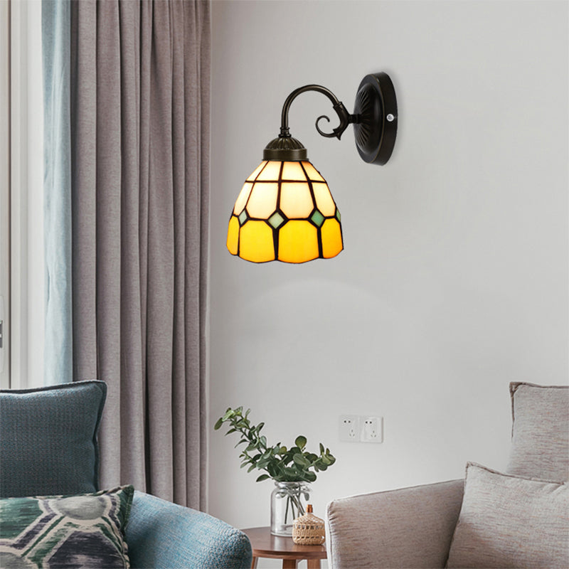 Art Glass Grid Dome Wall Light Gallery 1 Head Tiffany Classic Wall Sconce in Yellow for Bedroom Clearhalo 'Industrial' 'Middle century wall lights' 'Tiffany wall lights' 'Tiffany' 'Wall Lamps & Sconces' 'Wall Lights' Lighting' 179885