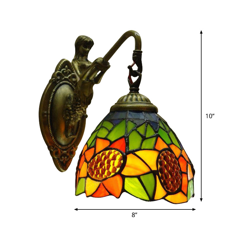 Orange Glass Sunflower Sconce Light Tiffany 1 Head Antique Brass Wall Mounted Light Fixture Clearhalo 'Industrial' 'Middle century wall lights' 'Tiffany wall lights' 'Tiffany' 'Wall Lamps & Sconces' 'Wall Lights' Lighting' 179898