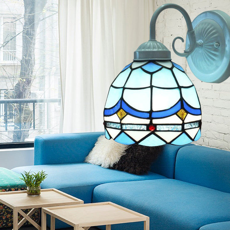 Tiffany Domed Small Wall Light Stained Glass 1 Head Blue Wall Sconce in White Finish for Living Room Blue Clearhalo 'Industrial' 'Middle century wall lights' 'Tiffany wall lights' 'Tiffany' 'Wall Lamps & Sconces' 'Wall Lights' Lighting' 179903
