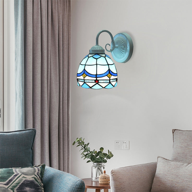 Tiffany Domed Small Wall Light Stained Glass 1 Head Blue Wall Sconce in White Finish for Living Room Clearhalo 'Industrial' 'Middle century wall lights' 'Tiffany wall lights' 'Tiffany' 'Wall Lamps & Sconces' 'Wall Lights' Lighting' 179904