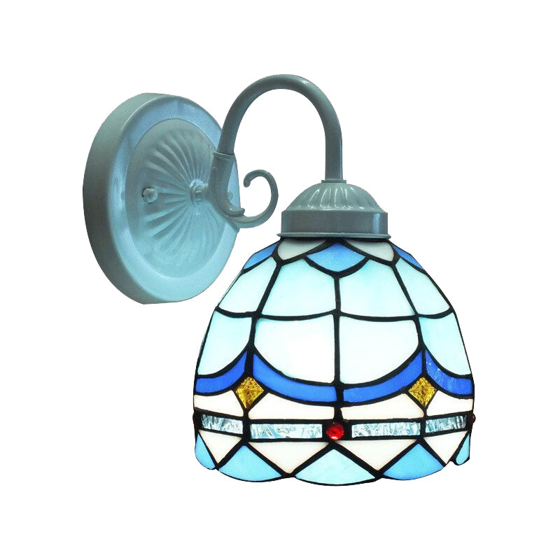 Tiffany Domed Small Wall Light Stained Glass 1 Head Blue Wall Sconce in White Finish for Living Room Clearhalo 'Industrial' 'Middle century wall lights' 'Tiffany wall lights' 'Tiffany' 'Wall Lamps & Sconces' 'Wall Lights' Lighting' 179905