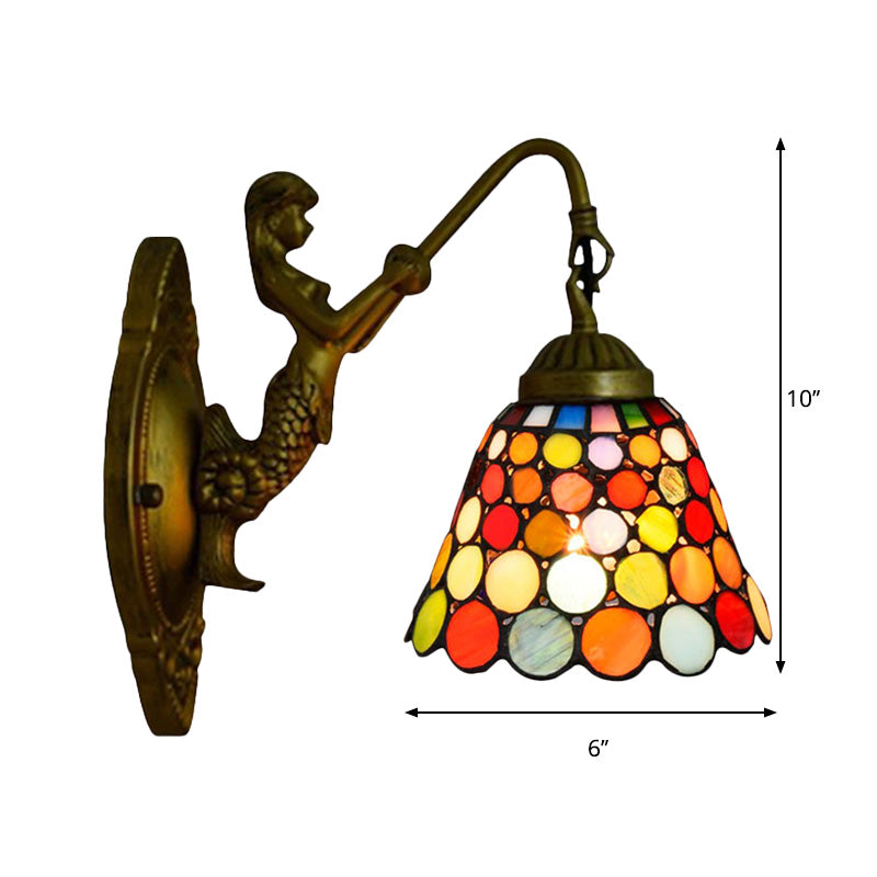 Antique Brass 1 Head Wall Light Fixture Tiffany Multicolor Stained Glass Flared Sconce Light Clearhalo 'Industrial' 'Middle century wall lights' 'Tiffany wall lights' 'Tiffany' 'Wall Lamps & Sconces' 'Wall Lights' Lighting' 179910