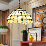 16"/19.5" W Stained Glass Bowl Drop Lamp Tiffany-Style 2 Heads Beige Pendant Lighting Fixture with Cabochons Gemstone Beige Clearhalo 'Ceiling Lights' 'Close To Ceiling Lights' 'Industrial' 'Middle Century Pendants' 'Pendant Lights' 'Pendants' 'Tiffany close to ceiling' 'Tiffany Pendants' 'Tiffany' Lighting' 179951