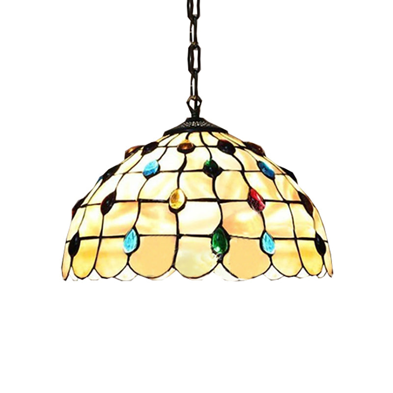 16"/19.5" W Stained Glass Bowl Drop Lamp Tiffany-Style 2 Heads Beige Pendant Lighting Fixture with Cabochons Gemstone Clearhalo 'Ceiling Lights' 'Close To Ceiling Lights' 'Industrial' 'Middle Century Pendants' 'Pendant Lights' 'Pendants' 'Tiffany close to ceiling' 'Tiffany Pendants' 'Tiffany' Lighting' 179953