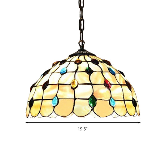 16"/19.5" W Stained Glass Bowl Drop Lamp Tiffany-Style 2 Heads Beige Pendant Lighting Fixture with Cabochons Gemstone Clearhalo 'Ceiling Lights' 'Close To Ceiling Lights' 'Industrial' 'Middle Century Pendants' 'Pendant Lights' 'Pendants' 'Tiffany close to ceiling' 'Tiffany Pendants' 'Tiffany' Lighting' 179956