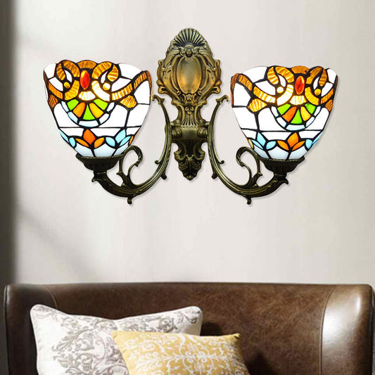 11" Height Bowl Sconce Wall Light Victorian 2 Heads Stained Glass Wall Lighting for Bedroom Brass Clearhalo 'Industrial' 'Middle century wall lights' 'Tiffany wall lights' 'Tiffany' 'Wall Lamps & Sconces' 'Wall Lights' Lighting' 180010