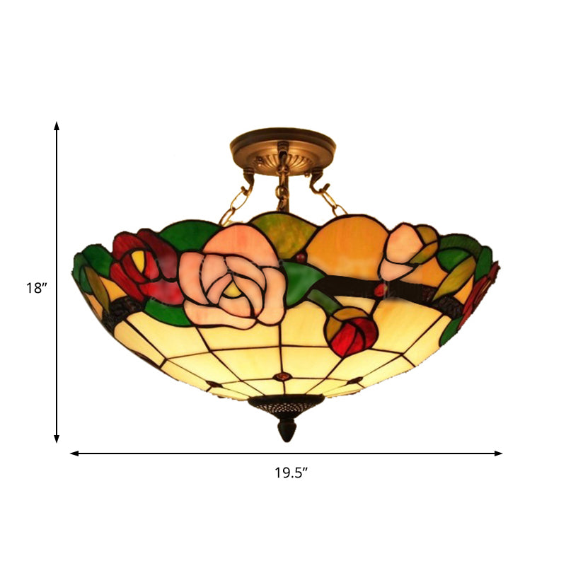 3 Bulbs Rose Semi Flushmount Stained Glass Tiffany Style Semi Flush Light for Living Room Clearhalo 'Ceiling Lights' 'Close To Ceiling Lights' 'Close to ceiling' 'Glass shade' 'Glass' 'Pendant Lights' 'Semi-flushmount' 'Tiffany close to ceiling' 'Tiffany' Lighting' 180028