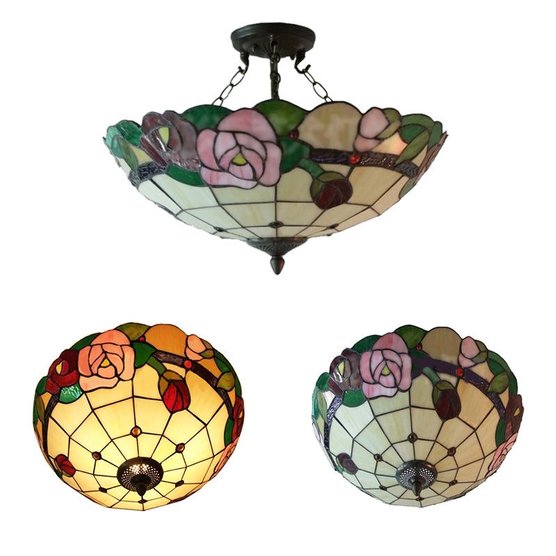 3 Bulbs Rose Semi Flushmount Stained Glass Tiffany Style Semi Flush Light for Living Room Clearhalo 'Ceiling Lights' 'Close To Ceiling Lights' 'Close to ceiling' 'Glass shade' 'Glass' 'Pendant Lights' 'Semi-flushmount' 'Tiffany close to ceiling' 'Tiffany' Lighting' 180029