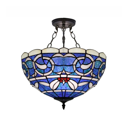 Inverted Semi Flushmount with Stained Glass Bowl Shade Tiffany Rustic 3 Lights Ceiling Light Clearhalo 'Ceiling Lights' 'Close To Ceiling Lights' 'Close to ceiling' 'Glass shade' 'Glass' 'Pendant Lights' 'Semi-flushmount' 'Tiffany close to ceiling' 'Tiffany' Lighting' 180042