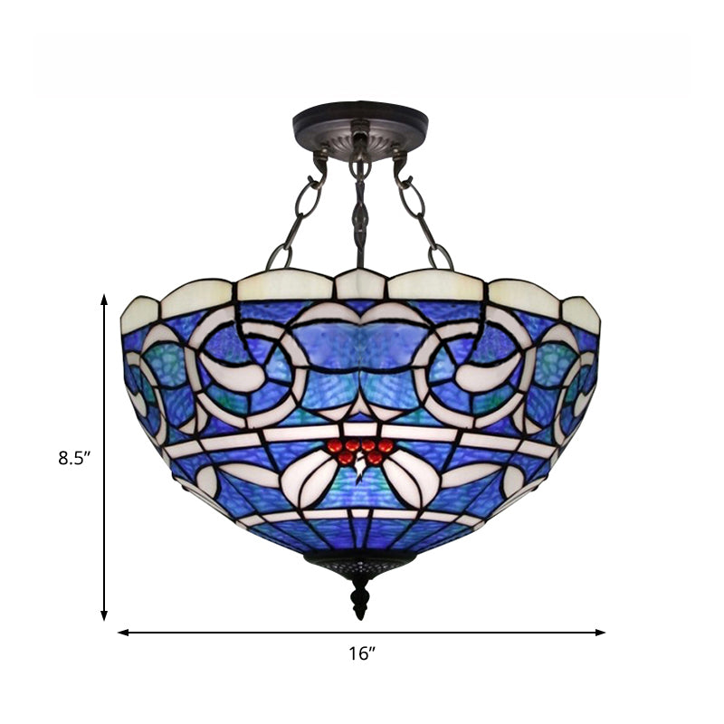 Inverted Semi Flushmount with Stained Glass Bowl Shade Tiffany Rustic 3 Lights Ceiling Light Clearhalo 'Ceiling Lights' 'Close To Ceiling Lights' 'Close to ceiling' 'Glass shade' 'Glass' 'Pendant Lights' 'Semi-flushmount' 'Tiffany close to ceiling' 'Tiffany' Lighting' 180043