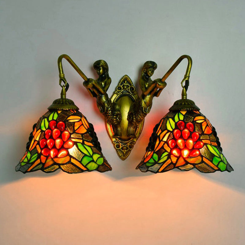 Bell Sconce Light Fixture Tiffany Red-Yellow-Green Glass 2 Heads Bedroom Wall Mount Light Red-Yellow-Green Clearhalo 'Industrial' 'Middle century wall lights' 'Tiffany wall lights' 'Tiffany' 'Wall Lamps & Sconces' 'Wall Lights' Lighting' 180093