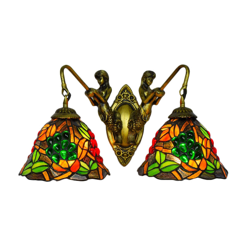 Bell Sconce Light Fixture Tiffany Red-Yellow-Green Glass 2 Heads Bedroom Wall Mount Light Clearhalo 'Industrial' 'Middle century wall lights' 'Tiffany wall lights' 'Tiffany' 'Wall Lamps & Sconces' 'Wall Lights' Lighting' 180095