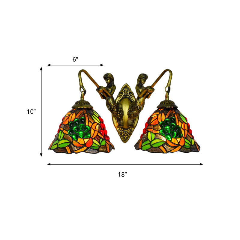 Bell Sconce Light Fixture Tiffany Red-Yellow-Green Glass 2 Heads Bedroom Wall Mount Light Clearhalo 'Industrial' 'Middle century wall lights' 'Tiffany wall lights' 'Tiffany' 'Wall Lamps & Sconces' 'Wall Lights' Lighting' 180096