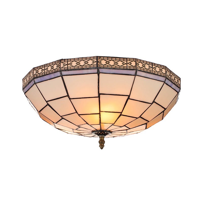 Bowl Flush Ceiling Light 8"/8.5"/10" Height Stained Glass 3 Lights Traditional Flush Lighting in Beige for Living Room Clearhalo 'Ceiling Lights' 'Close To Ceiling Lights' 'Close to ceiling' 'Flush mount' Lighting' 180105