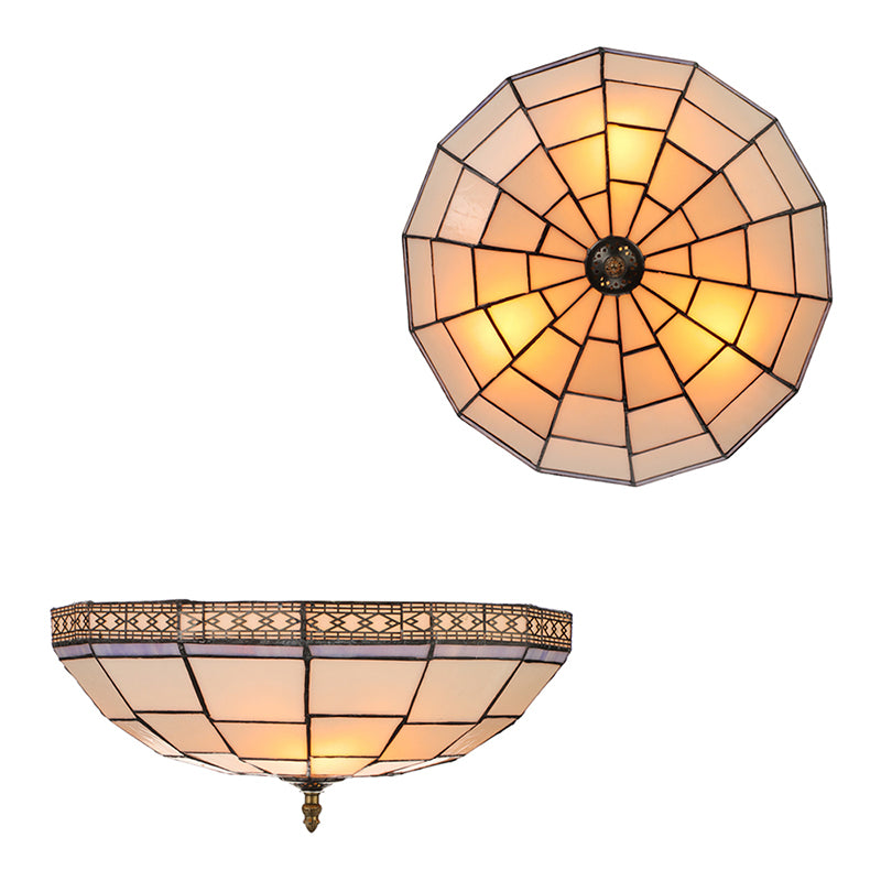 Bowl Flush Ceiling Light 8"/8.5"/10" Height Stained Glass 3 Lights Traditional Flush Lighting in Beige for Living Room Clearhalo 'Ceiling Lights' 'Close To Ceiling Lights' 'Close to ceiling' 'Flush mount' Lighting' 180106