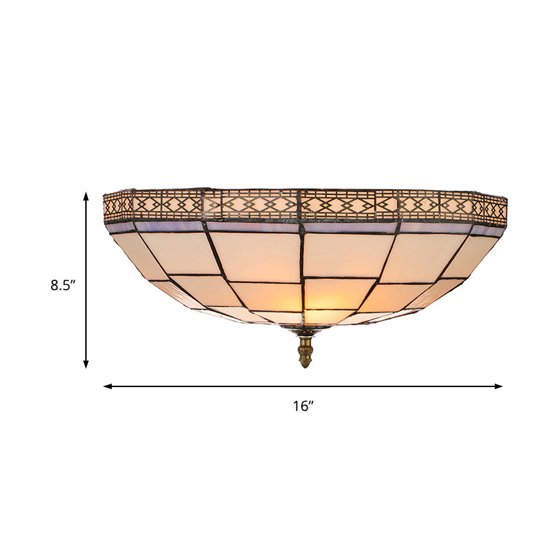 Bowl Flush Ceiling Light 8"/8.5"/10" Height Stained Glass 3 Lights Traditional Flush Lighting in Beige for Living Room Clearhalo 'Ceiling Lights' 'Close To Ceiling Lights' 'Close to ceiling' 'Flush mount' Lighting' 180107