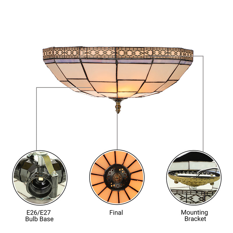 Bowl Flush Ceiling Light 8"/8.5"/10" Height Stained Glass 3 Lights Traditional Flush Lighting in Beige for Living Room Clearhalo 'Ceiling Lights' 'Close To Ceiling Lights' 'Close to ceiling' 'Flush mount' Lighting' 180108